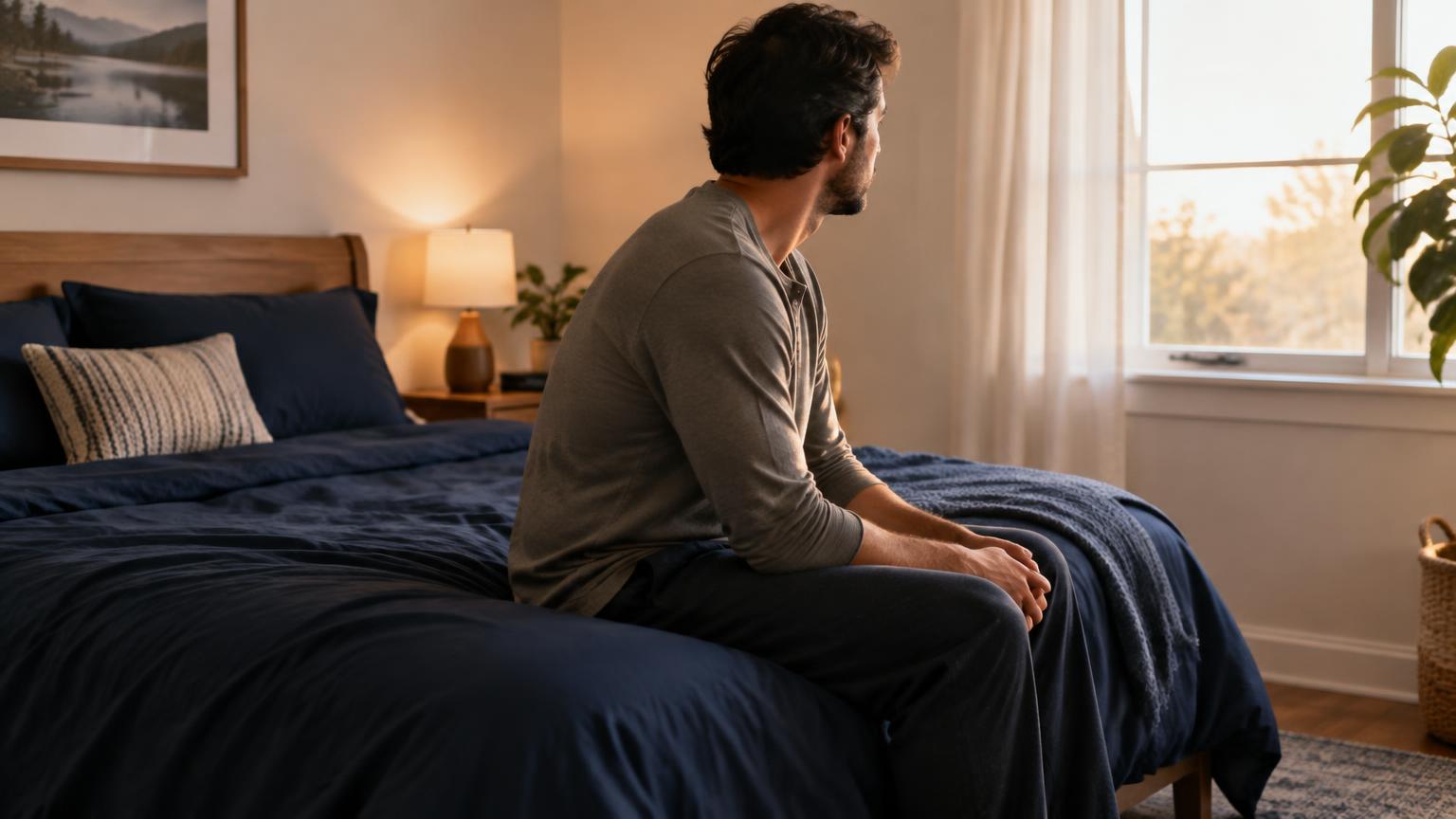 Adult sitting calmly on the edge of a neatly made bed in morning light