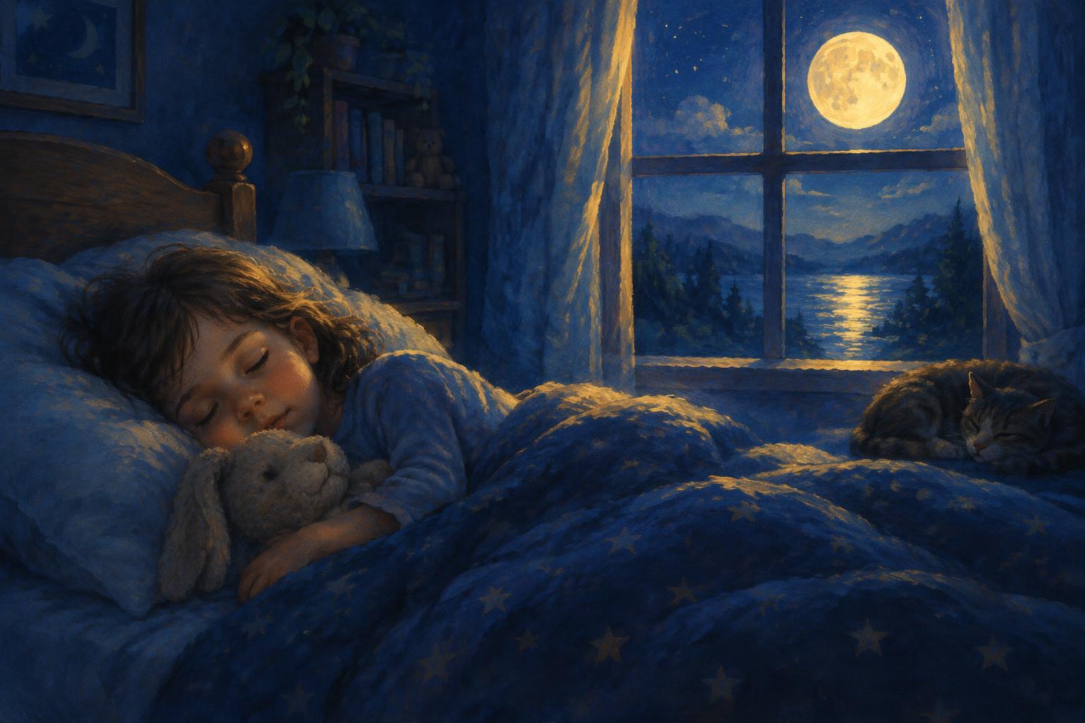 Child sleeping peacefully in a dry bed under moonlight